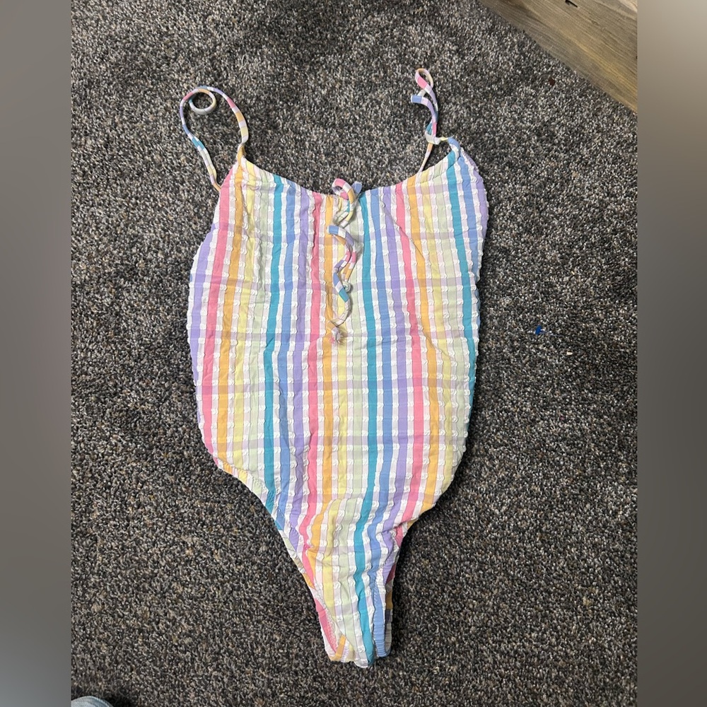 NWOT J. Crew Pastel Rainbow Striped One-Piece Swimsuit Beach Swim